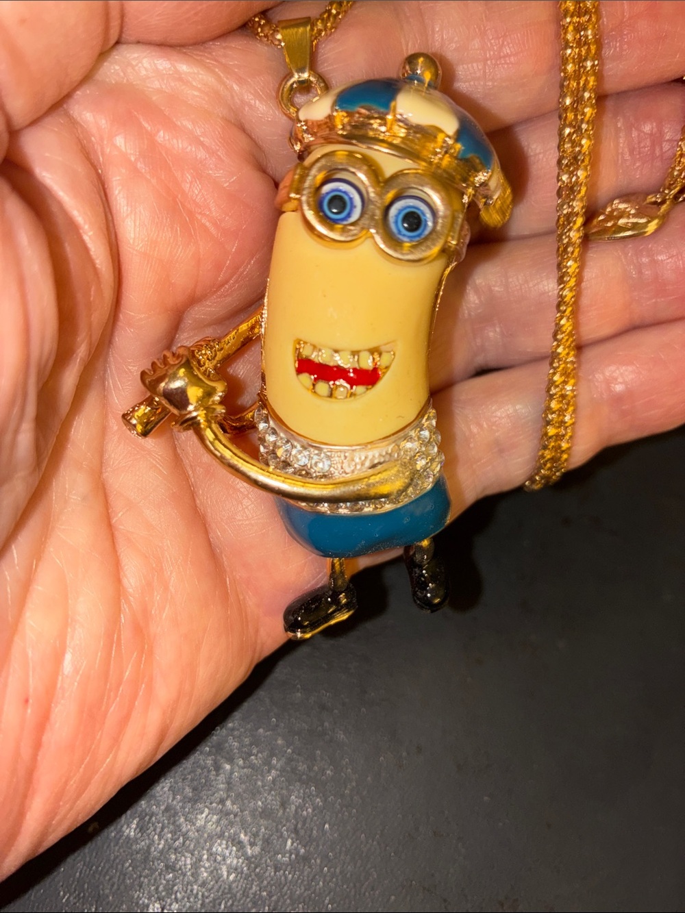 Minion Pendant with Gold and Rhinestone Accents.The Minion Golfer.Feet Moveable